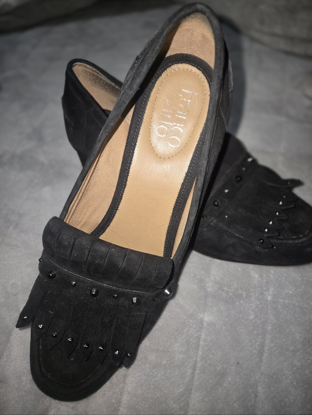 Franco Sarto Black Suede Fringe Block Heels with Stud Details